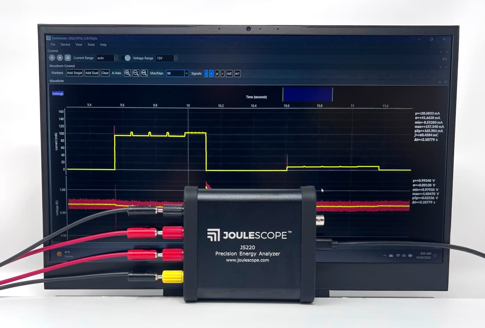 Joulescope JS220 with laptop running the UI